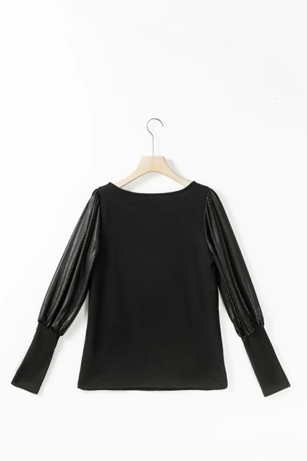 Fashion Dear-Lover Buttoned Cuffs Shiny Puff Sleeves Top Black