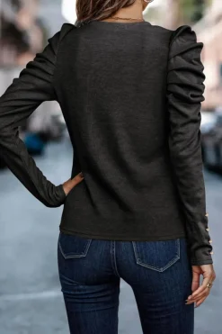 Best Dear-Lover Buttoned Puff Long Sleeve Sheath Top Black
