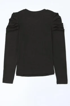 Best Dear-Lover Buttoned Puff Long Sleeve Sheath Top Black