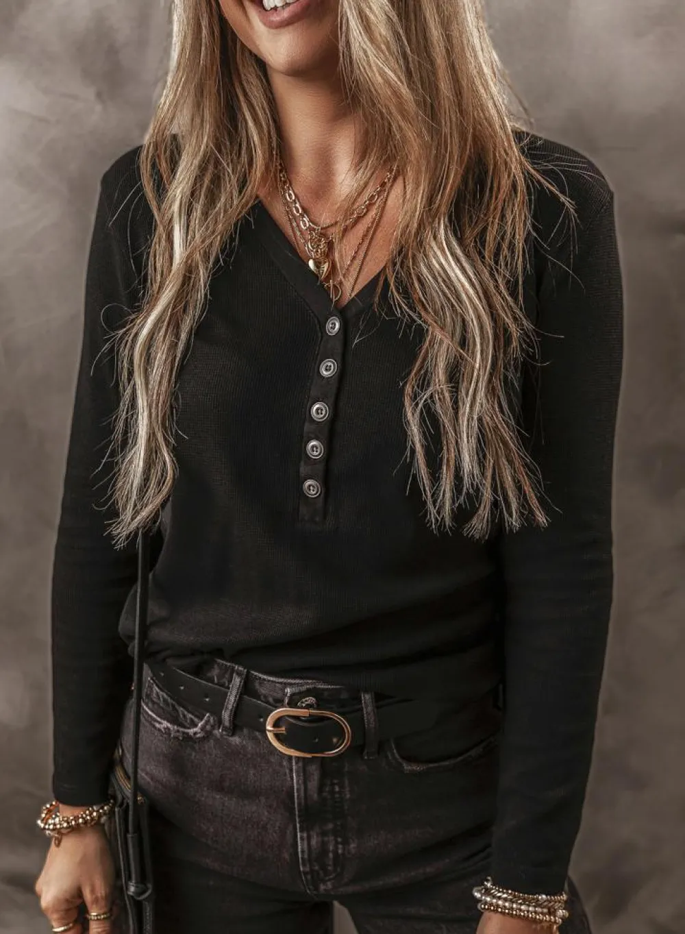 Discount Dear-Lover Buttoned V Neck Long Sleeve Ribbed Top Black