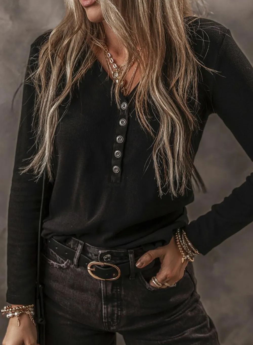 Discount Dear-Lover Buttoned V Neck Long Sleeve Ribbed Top Black
