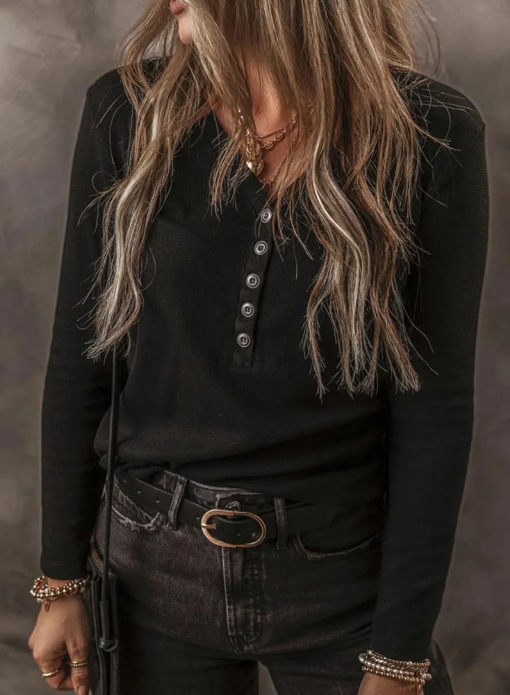 Discount Dear-Lover Buttoned V Neck Long Sleeve Ribbed Top Black