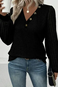 Clearance Dear-Lover Buttoned V Neck Ribbed Puff Sleeve Top Black