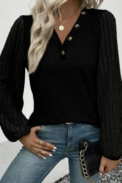 Clearance Dear-Lover Buttoned V Neck Ribbed Puff Sleeve Top Black