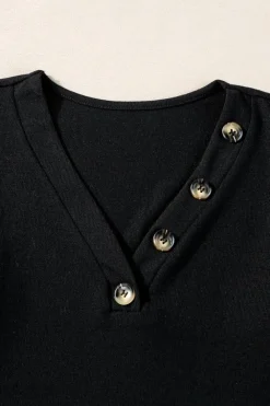 Clearance Dear-Lover Buttoned V Neck Ribbed Puff Sleeve Top Black