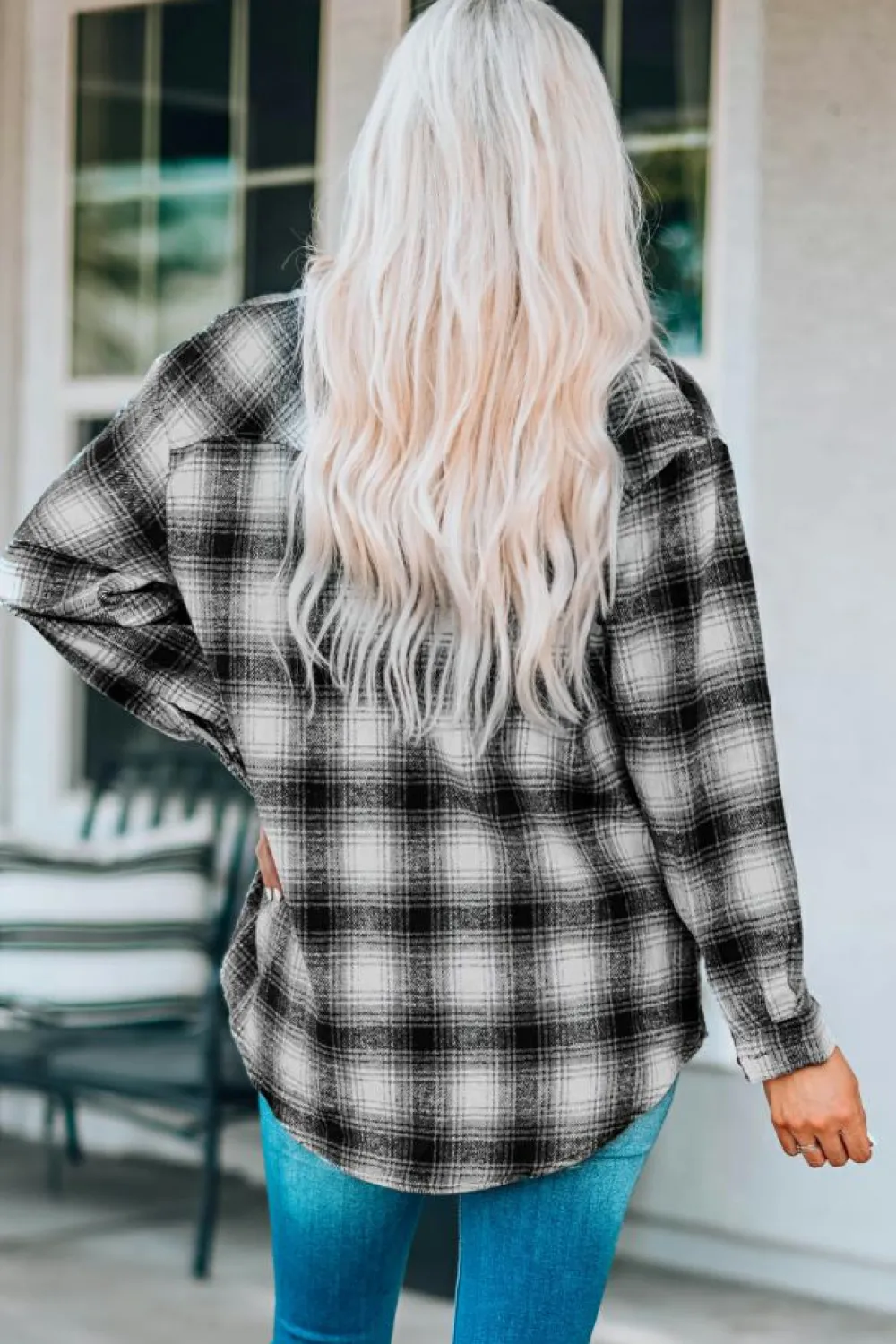Sale Dear-Lover Buttons Pocketed Plaid Shacket Black