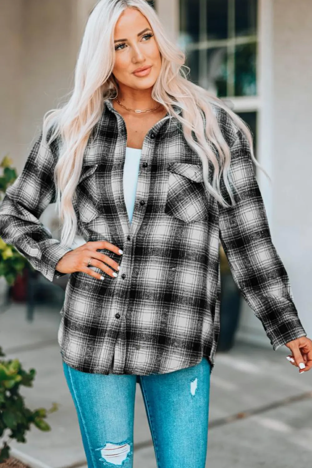Sale Dear-Lover Buttons Pocketed Plaid Shacket Black