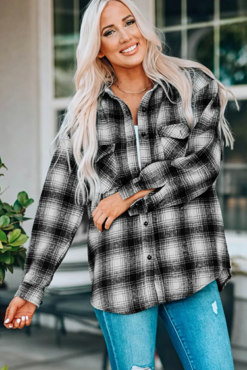 Sale Dear-Lover Buttons Pocketed Plaid Shacket Black