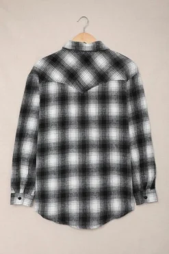 Sale Dear-Lover Buttons Pocketed Plaid Shacket Black