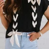 Fashion Dear-Lover Cable Knit Colorblock Satin Bowknot Short Sleeve Sweater Black