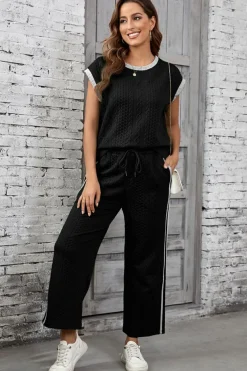 Hot Dear-Lover Cable Knit Contrast Trim Short Sleeve Top and Pants Set Black