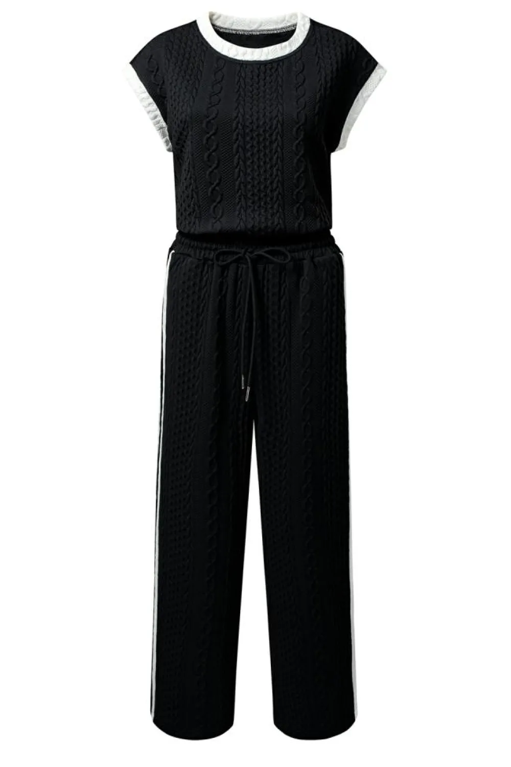 Hot Dear-Lover Cable Knit Contrast Trim Short Sleeve Top and Pants Set Black