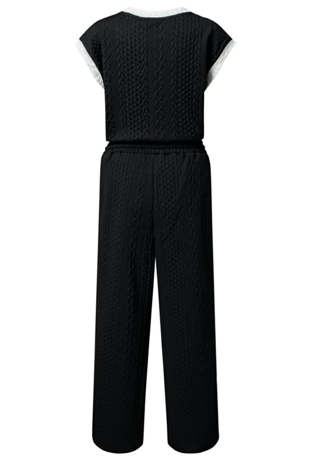 Hot Dear-Lover Cable Knit Contrast Trim Short Sleeve Top and Pants Set Black