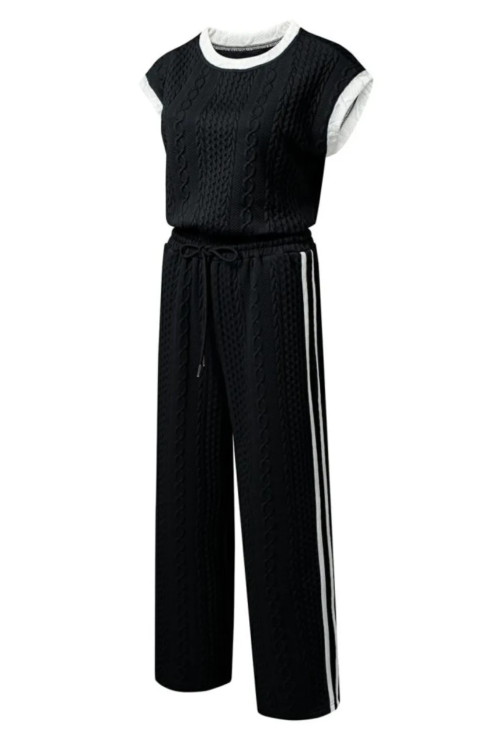 Hot Dear-Lover Cable Knit Contrast Trim Short Sleeve Top and Pants Set Black