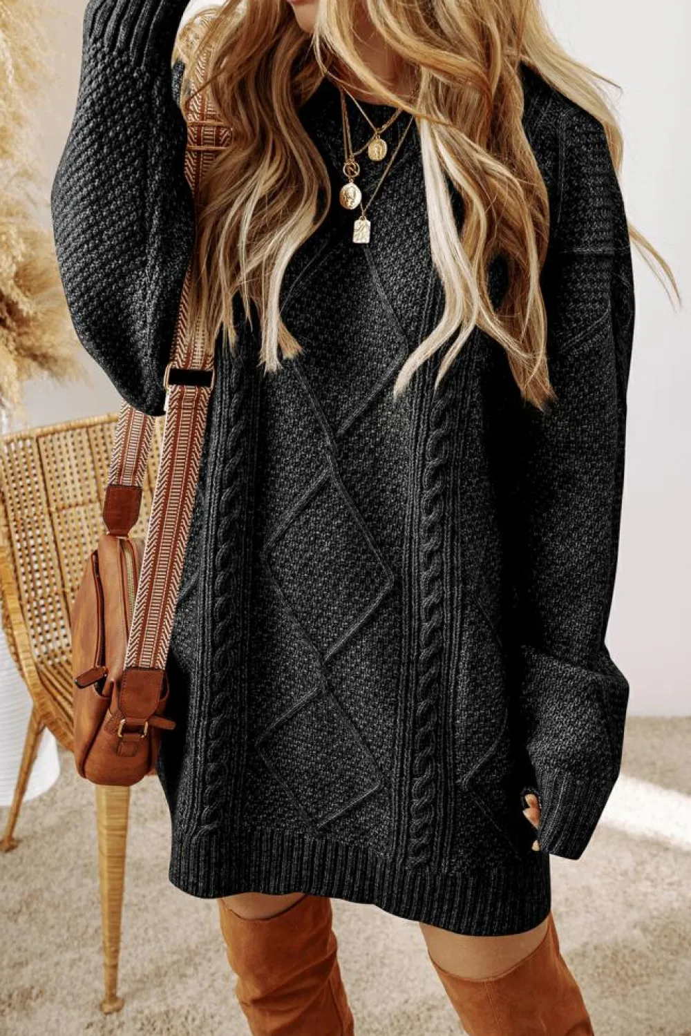 Sale Dear-Lover Cable Knit Drop Shoulder Loose Fit Sweater Dress Black