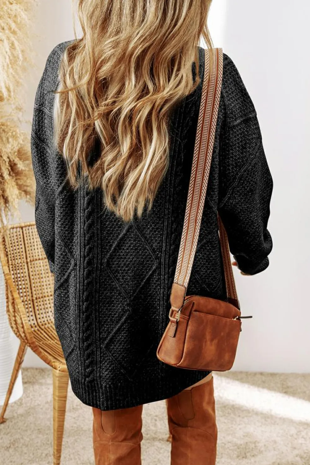 Sale Dear-Lover Cable Knit Drop Shoulder Loose Fit Sweater Dress Black