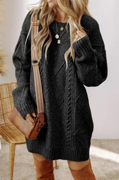 Sale Dear-Lover Cable Knit Drop Shoulder Loose Fit Sweater Dress Black