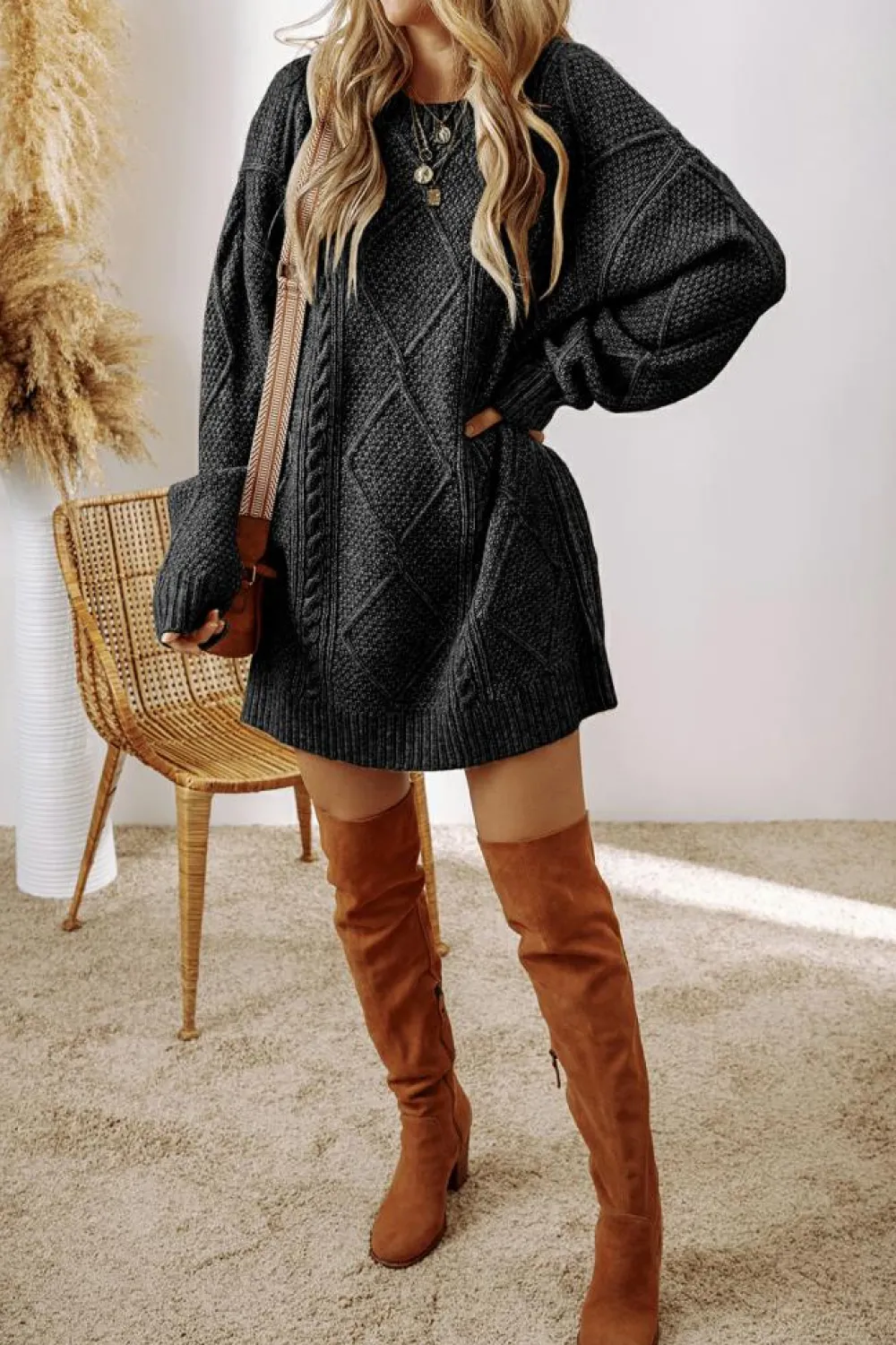 Sale Dear-Lover Cable Knit Drop Shoulder Loose Fit Sweater Dress Black