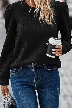 Clearance Dear-Lover Cable Textured Puff Sleeve Sweatshirt Black