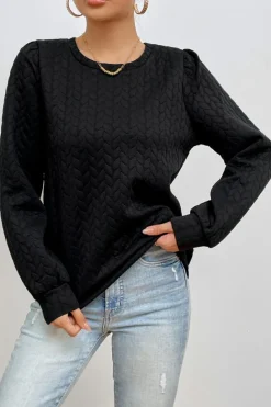 Clearance Dear-Lover Cable Textured Puff Sleeve Sweatshirt Black