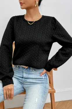 Clearance Dear-Lover Cable Textured Puff Sleeve Sweatshirt Black