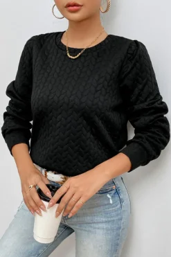 Clearance Dear-Lover Cable Textured Puff Sleeve Sweatshirt Black