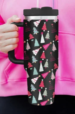 Online Dear-Lover Cartoon Christmas Tree Printed Thermos Cup 40oz Black