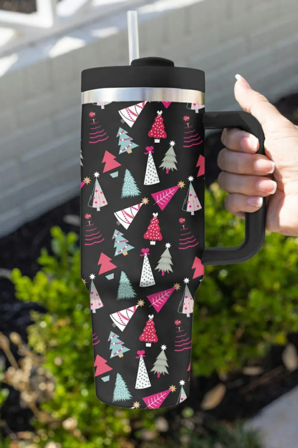 Online Dear-Lover Cartoon Christmas Tree Printed Thermos Cup 40oz Black