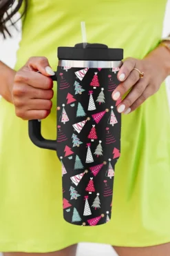 Online Dear-Lover Cartoon Christmas Tree Printed Thermos Cup 40oz Black