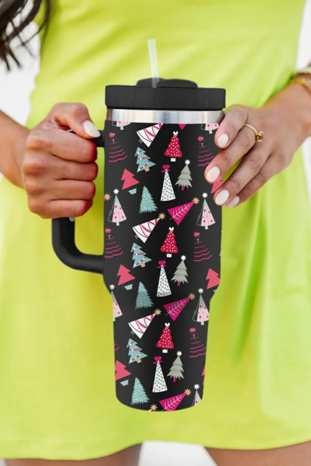Online Dear-Lover Cartoon Christmas Tree Printed Thermos Cup 40oz Black