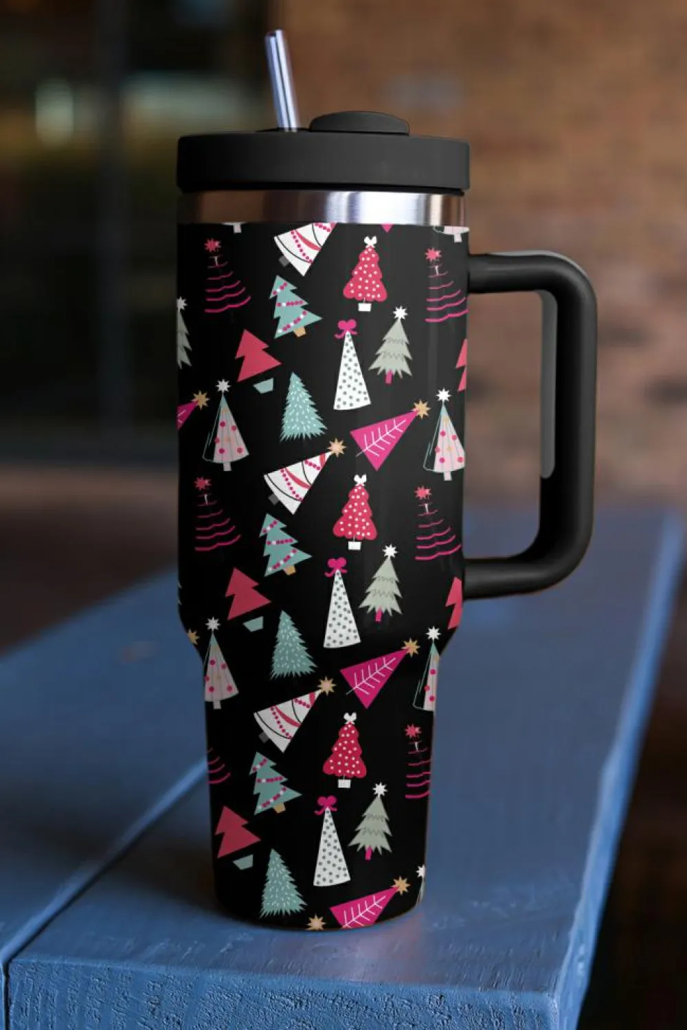 Online Dear-Lover Cartoon Christmas Tree Printed Thermos Cup 40oz Black