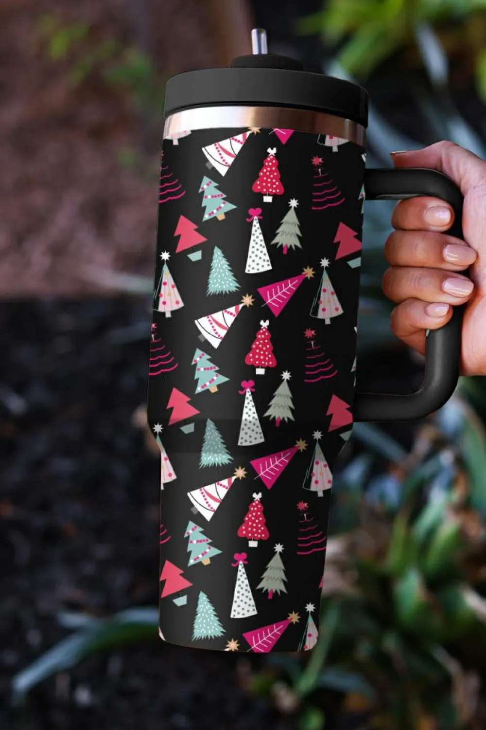 Online Dear-Lover Cartoon Christmas Tree Printed Thermos Cup 40oz Black