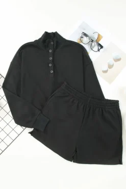 New Dear-Lover Casual High Neck Henley Top and Short Outfit Black