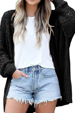 Fashion Dear-Lover Casual Hollowed Knit Dolman Sleeve Cardigan Black