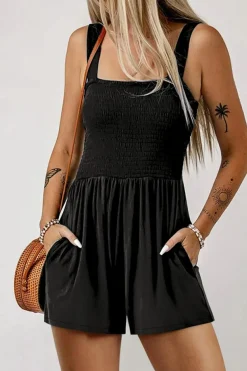 New Dear-Lover Casual Pocketed Smocked Sleeveless Romper Black