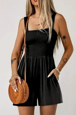 New Dear-Lover Casual Pocketed Smocked Sleeveless Romper Black