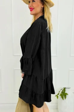 Online Dear-Lover Chambray Ruffled 3/4 Sleeve Tiered Split V Neck Mini Dress Black