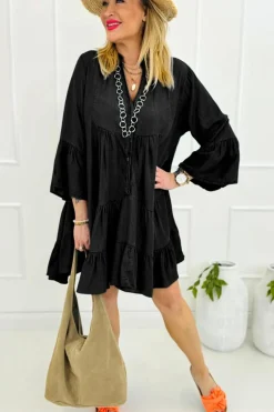 Online Dear-Lover Chambray Ruffled 3/4 Sleeve Tiered Split V Neck Mini Dress Black