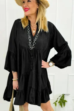 Online Dear-Lover Chambray Ruffled 3/4 Sleeve Tiered Split V Neck Mini Dress Black