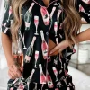 Sale Dear-Lover Champagne Print Silky Short Sleeve Pajamas Set Black