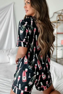 Sale Dear-Lover Champagne Print Silky Short Sleeve Pajamas Set Black