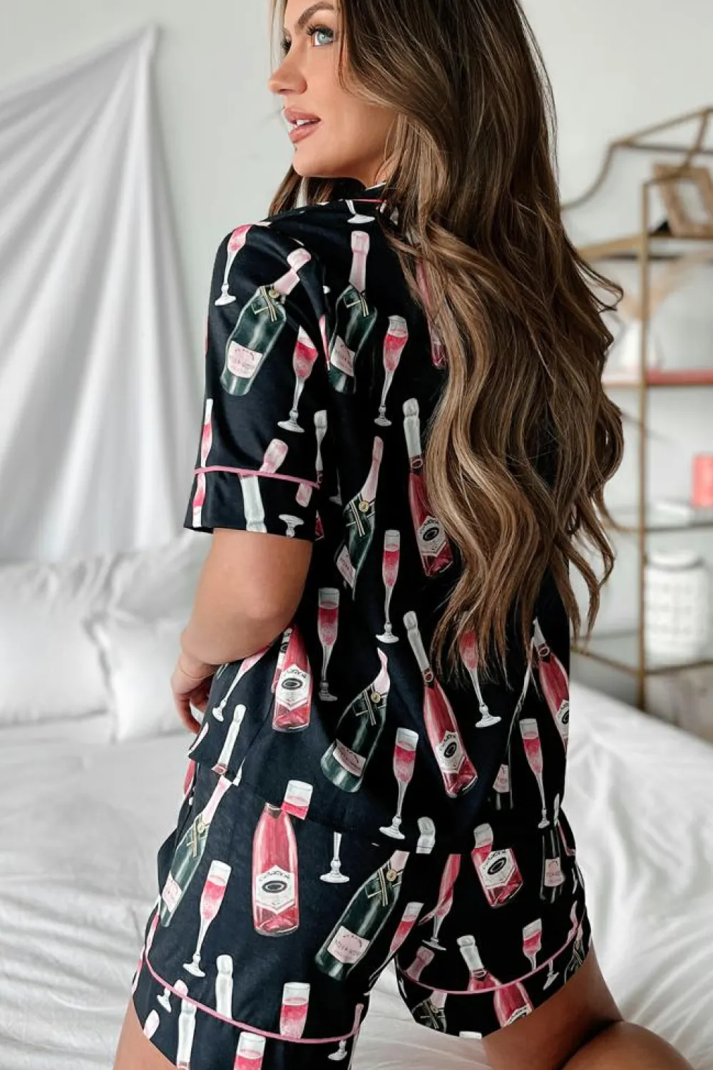 Sale Dear-Lover Champagne Print Silky Short Sleeve Pajamas Set Black