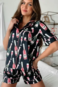 Sale Dear-Lover Champagne Print Silky Short Sleeve Pajamas Set Black