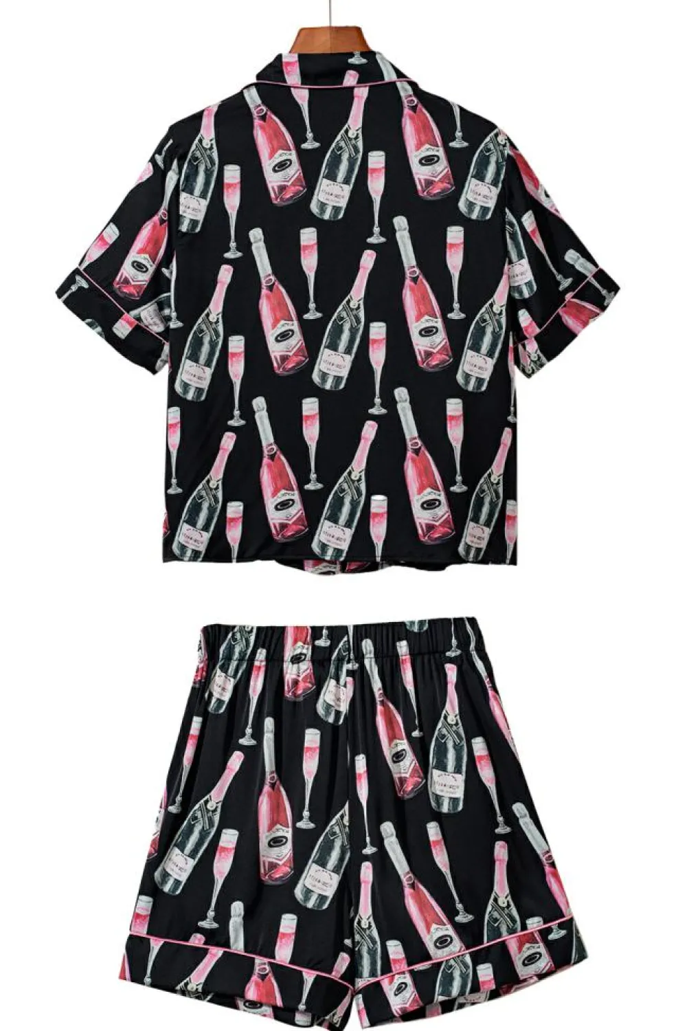 Sale Dear-Lover Champagne Print Silky Short Sleeve Pajamas Set Black