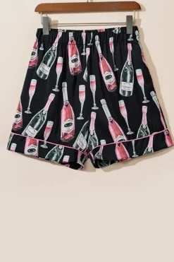 Sale Dear-Lover Champagne Print Silky Short Sleeve Pajamas Set Black