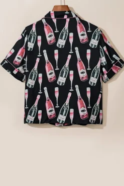 Sale Dear-Lover Champagne Print Silky Short Sleeve Pajamas Set Black