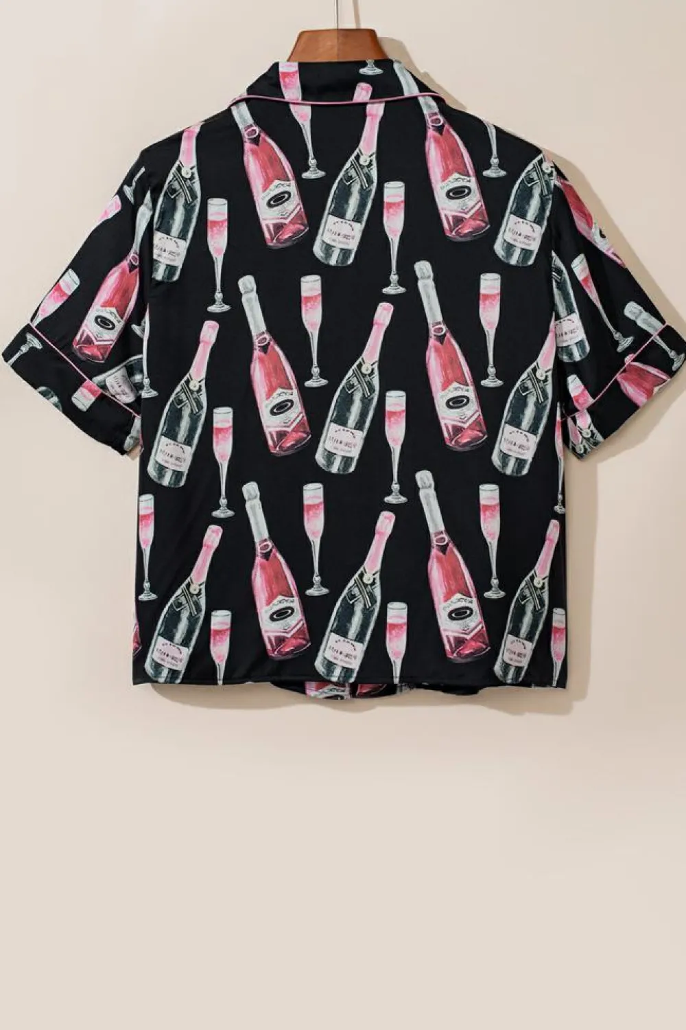 Sale Dear-Lover Champagne Print Silky Short Sleeve Pajamas Set Black