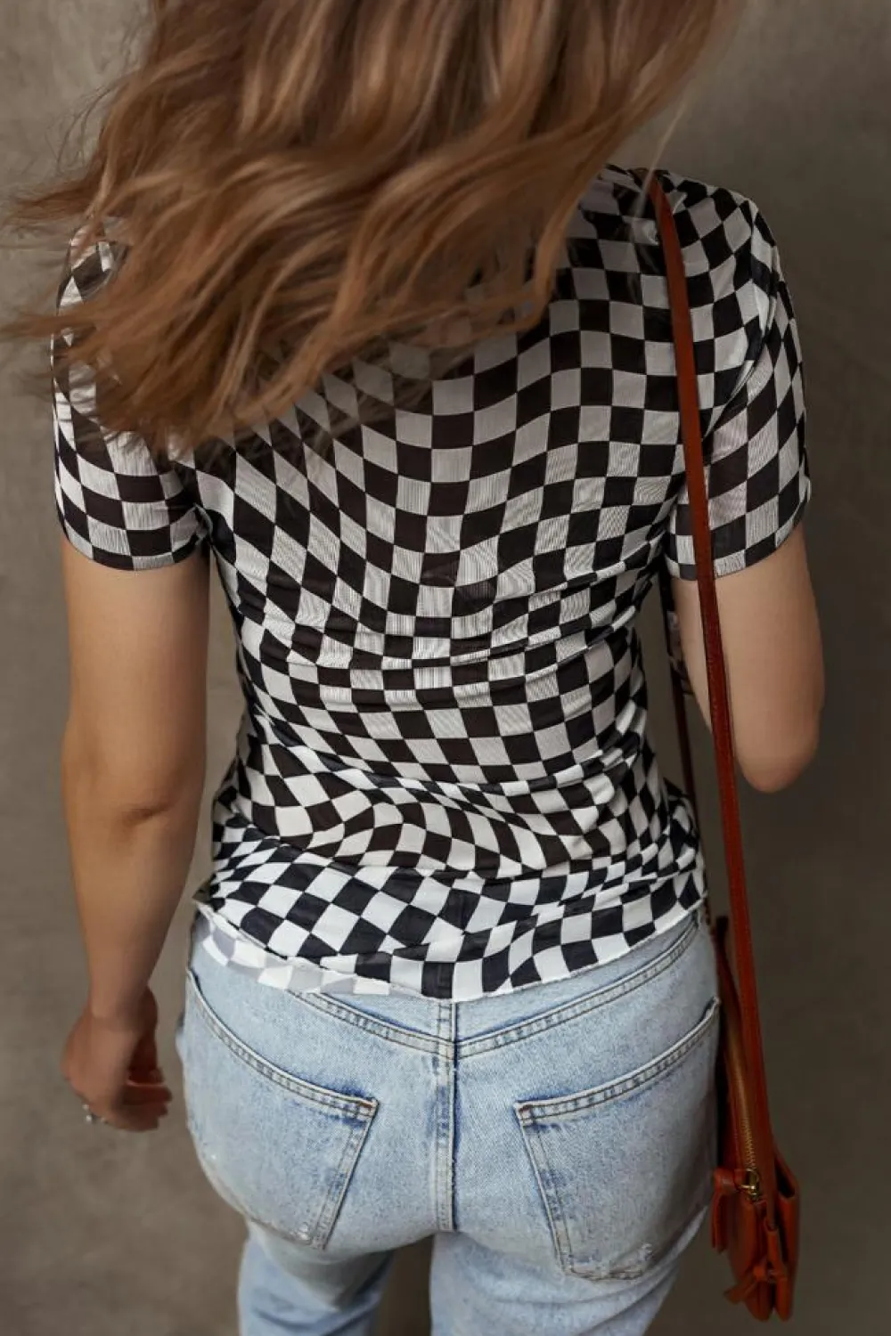 Hot Dear-Lover Checker Mesh Crew Neck T Shirt Black