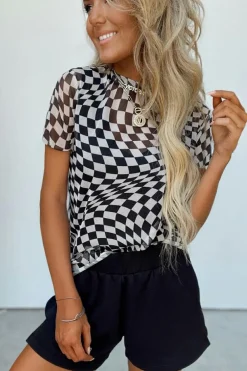 Hot Dear-Lover Checker Mesh Crew Neck T Shirt Black