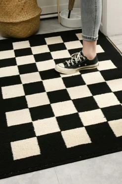 Clearance Dear-Lover Checker Print Non-Slip Thick Home Carpet Black